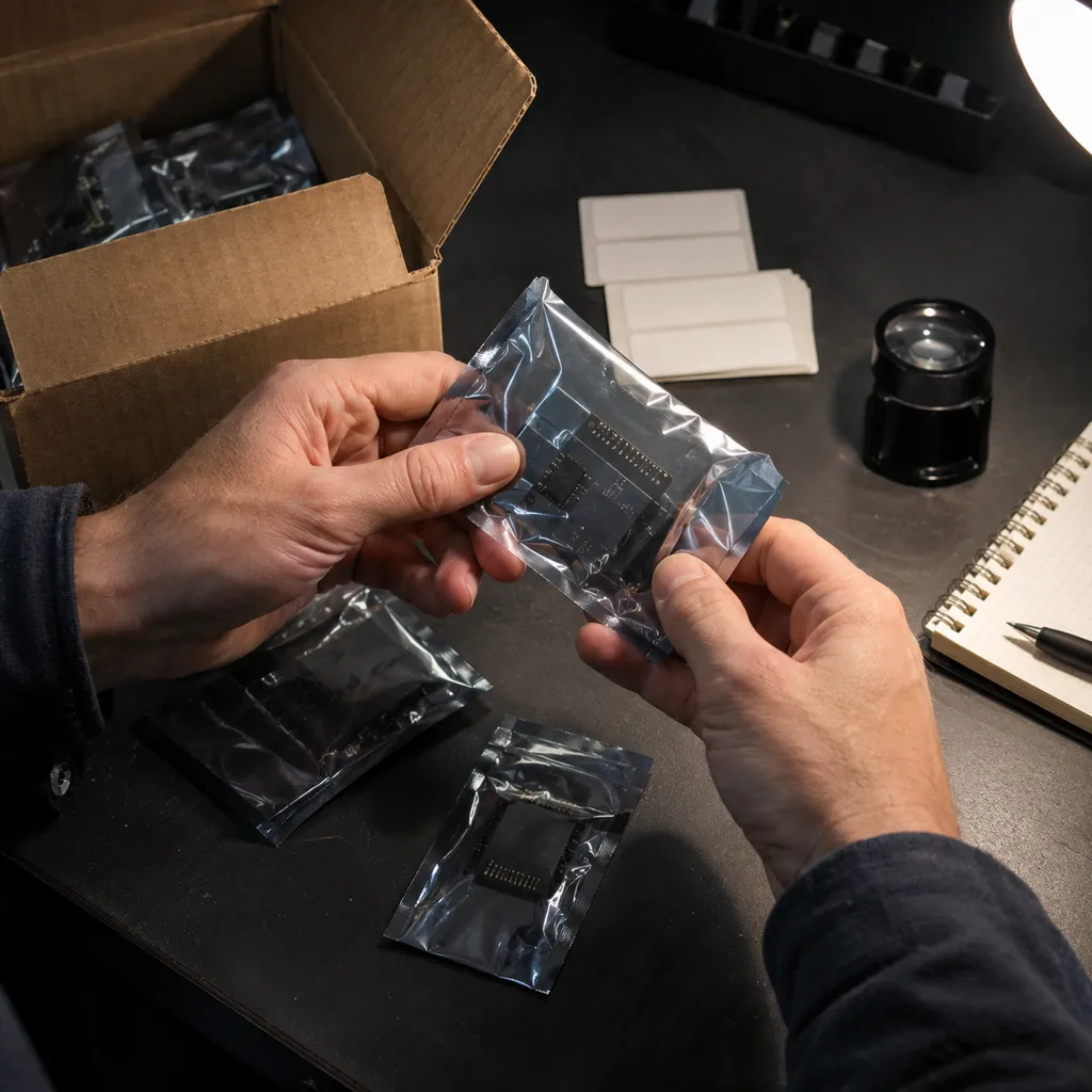 Hands checking packaged electronic components on a dark inspection bench