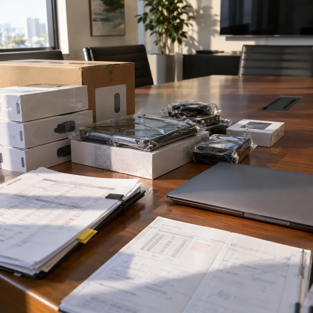 Procurement documents and packaged electronics arranged on a conference table