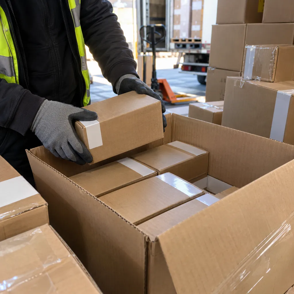 Gloved hands preparing boxed electronics for consolidated wholesale shipment