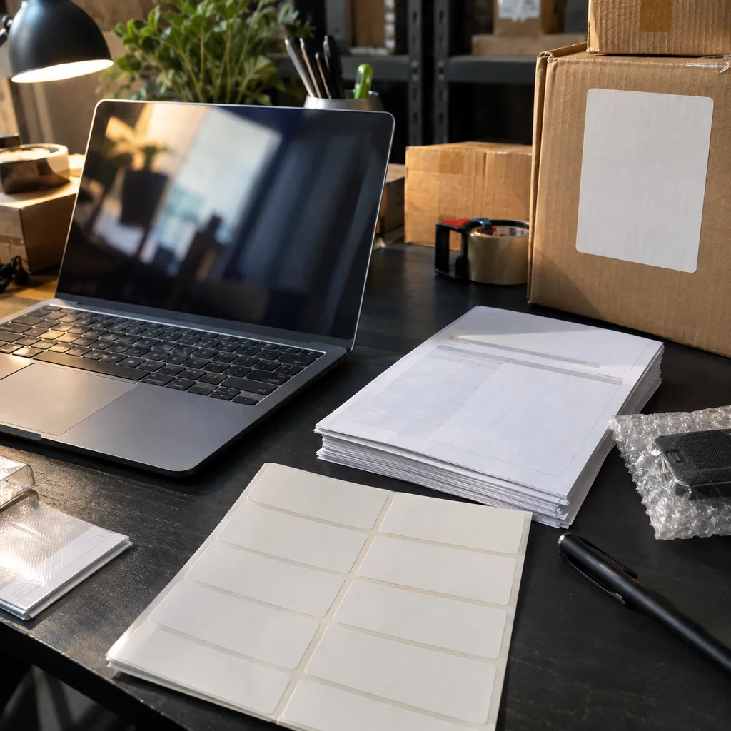 Laptop, carton labels, and electronics shipment papers arranged on a dark operations desk