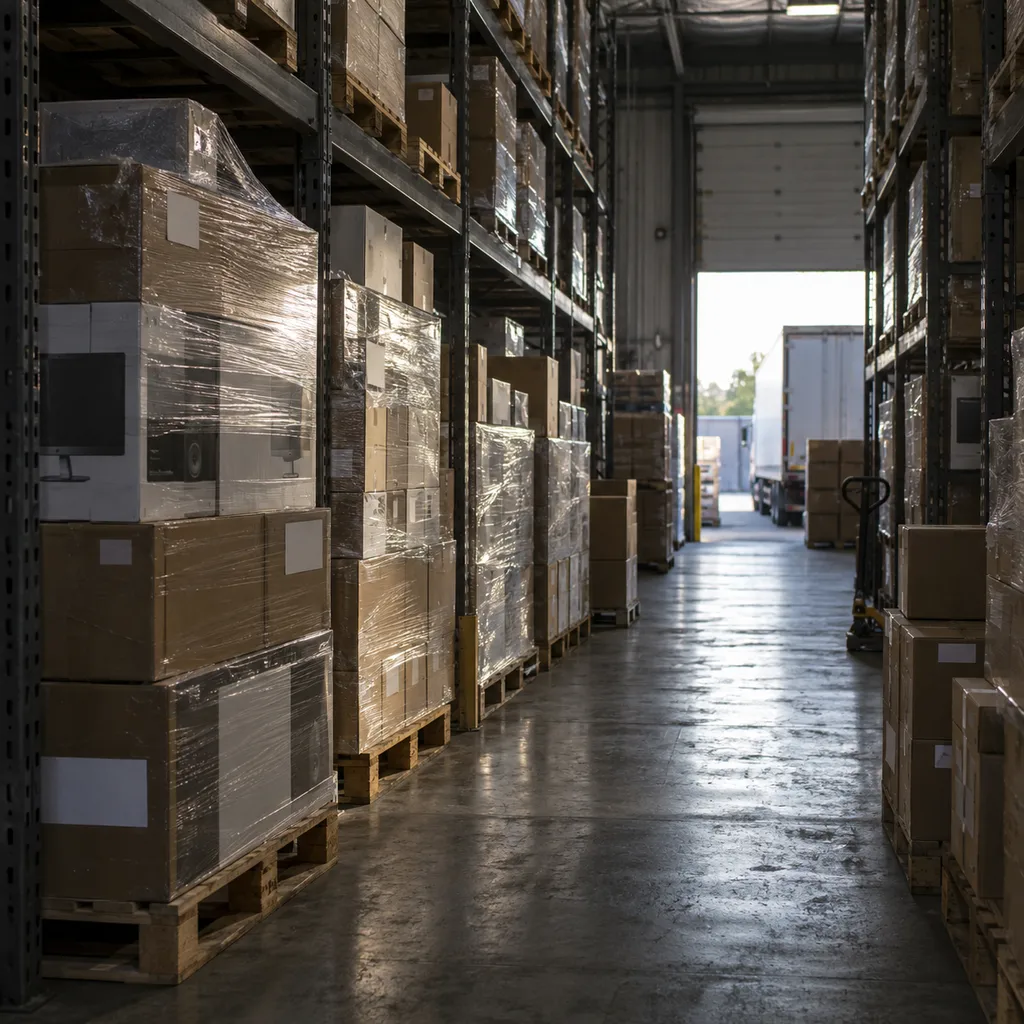 Dark warehouse aisle with boxed electronics prepared for wholesale dispatch